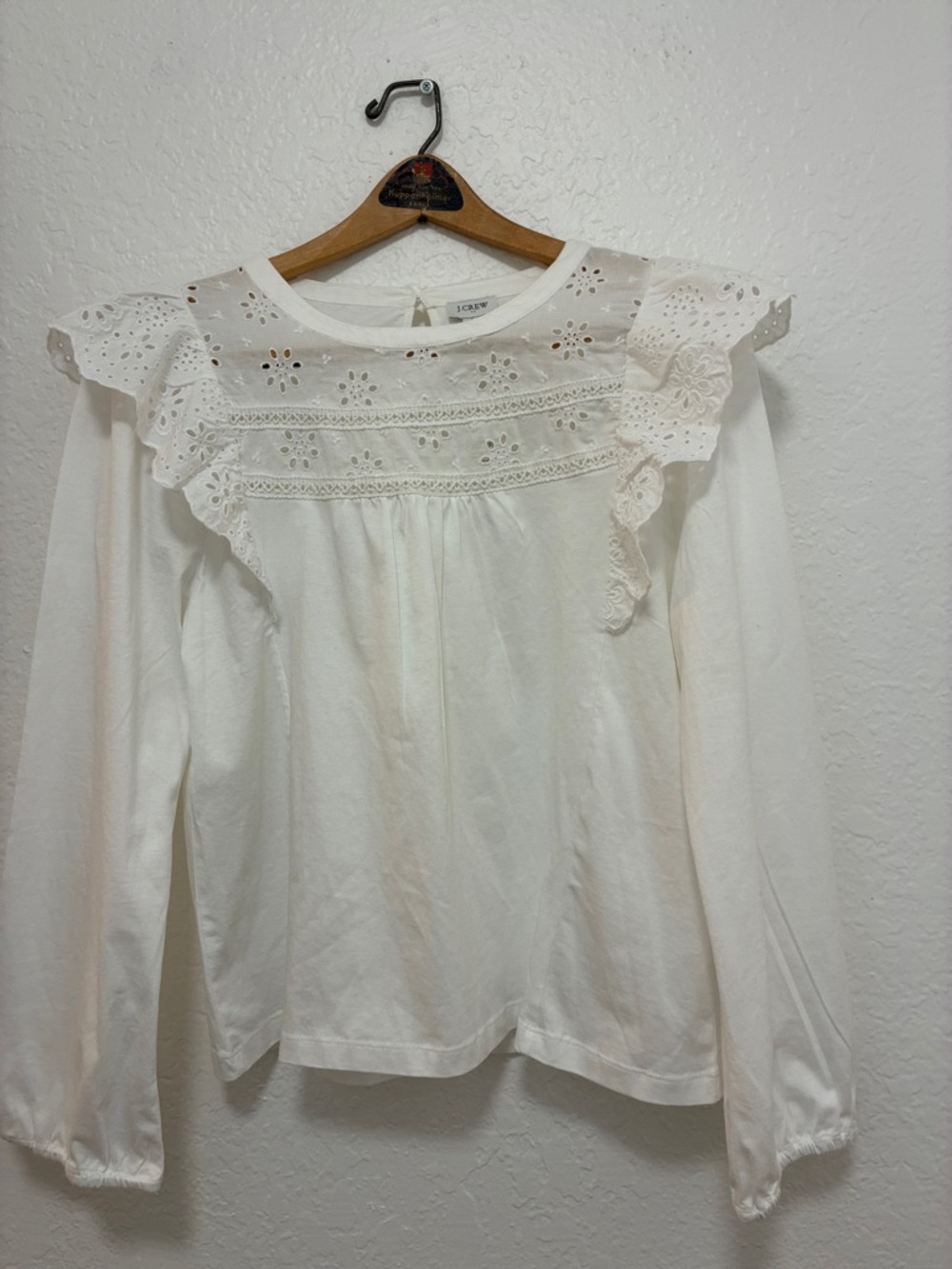 J. Crew White Eyelet Ruffle Yoke Long-Sleeve Top large NEW